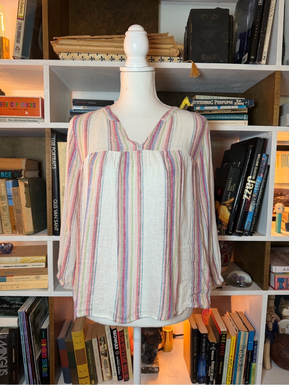 Lightweight Striped Peasant Blouse - White with Pastel Stripes